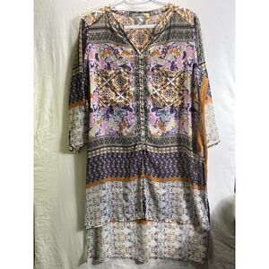 Figueroa & Flower Womens Large Tunic Top Sheer Floral Boho Blouse Anthro Style L
